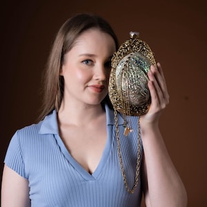 Golden Halo Abalone Shell Clutch – Statement MOP Evening Bag with Textured Metal Frame | Handmade Ocean-Inspired Purse
