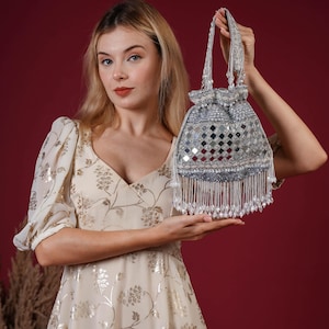 Silver mirror Potli Clutch, Premium Women Potli Pouch, Wedding Purse for Girls, Drawstring Potli Purse