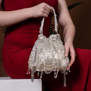 Handmade Silver Beaded Potli Bag with Long Tassels | Bridal Party Purse | Elegant Evening Potli | Indian Wedding Favor Bag | 21x23 cm
