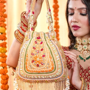 Bridal Potli Bag | Beige/ Pink/ Mint Potli Bag | Handmade Indian/ Pakistani Evening Bag| Wristlet Bag | Gift Idea | Gift for her