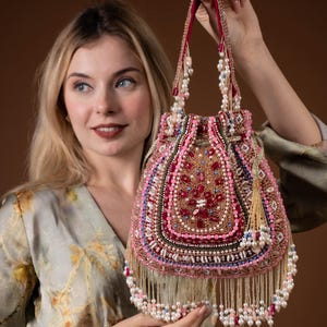 Bridal Potli Bag | Beige/ Pink/ Mint Potli Bag | Handmade Indian/ Pakistani Evening Bag| Wristlet Bag | Gift Idea | Gift for her