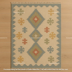 Handwoven Light Kilim Wool Rug | Scandinavian Tribal Flatweave Carpet | Geometric Boho Pastel Area Rug | Reversible Handmade Rustic Rug |