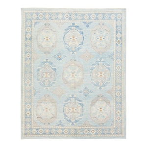 Handmade Oushak Rug | Light Blue and Ivory Wool Turkish Carpet | Vintage Medallion Area Rug | Bohemian Farmhouse Living Room Décor
