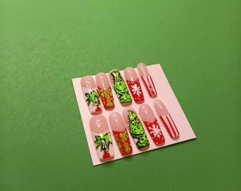 Grinch Christmas Press On Nails – Green Grinch Holiday Nail Set, Snowflake & Candy Cane Nail Art, Long Coffin Fake Nails, Hand Painted Xmas