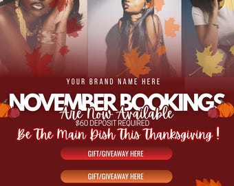 Thanksgiving Booking Flyer Template | Editable November Marketing (Canva)