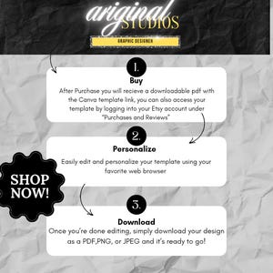 Peut inclure: Instructions pour la conception graphique sur fond textur&eacute;. Les &eacute;tapes sont : Acheter, Personnaliser et T&eacute;l&eacute;charger. L'image comprend le texte "SHOP NOW!" et "ariginals STUDIOS GRAPHIC DESIGNER".