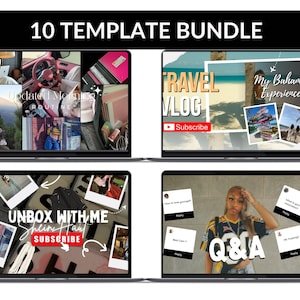 May include: A digital product bundle displayed on four laptop screens. The screens showcase various video templates, including travel vlogs, morning routines, unboxing videos, and Q&A sessions. Each template features text overlays and images.