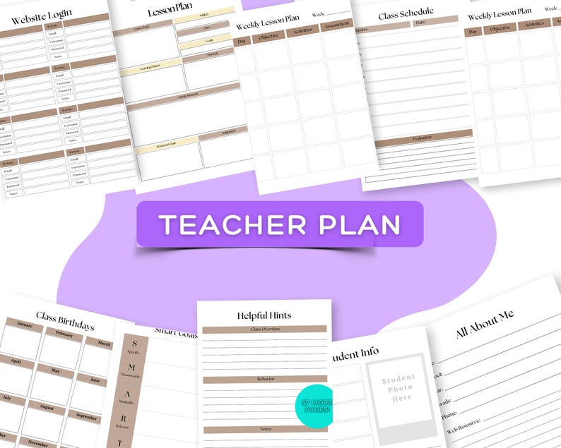 May include: A collection of printable teacher planner pages with a light purple background and the text "TEACHER PLAN". The pages include sections for website logins, lesson plans, class schedules, and student information. The pages are white with brown accents.