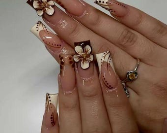 Brown Flower Press On Nails | Fall Floral Coffin Nail Set