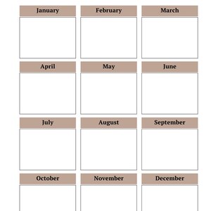 May include: A calendar with the title "Important Date" at the top. The calendar is divided into 12 months, each with a labeled header and a blank rectangular space for notes. The headers are in a light brown color.