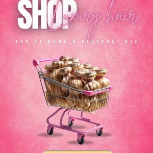 Peut inclure: Un chariot de courses rose rempli de m&egrave;ches de cheveux blonds. Les mots "SHOP luxury hair" sont affich&eacute;s en texte blanc et rose. Le texte "FOR AT HOME & PERSONAL USE" est &eacute;galement visible.