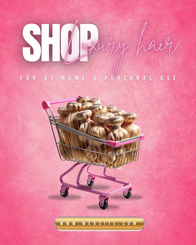 Peut inclure: Un chariot de courses rose rempli de m&egrave;ches de cheveux blonds. Les mots "SHOP luxury hair" sont affich&eacute;s en texte blanc et rose. Le texte "FOR AT HOME & PERSONAL USE" est &eacute;galement visible.