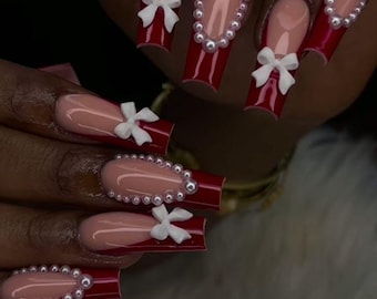 Red French Tip Press On Nails | White Bow Christmas Nail Set
