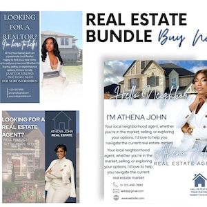 May include: Real estate bundle with three promotional flyers. The flyers feature images of realtors, contact information, and the phrases "Looking for a Realtor?" and "Hello Neighbor." The text "Real Estate Bundle" and "Buy Now" are also displayed.