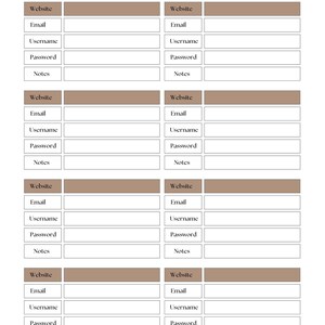 May include: A white and brown Website Login organizer with sections for website, email, username, password, and notes. The title "Website Login" is at the top. The organizer is designed to help users keep track of their online login information.