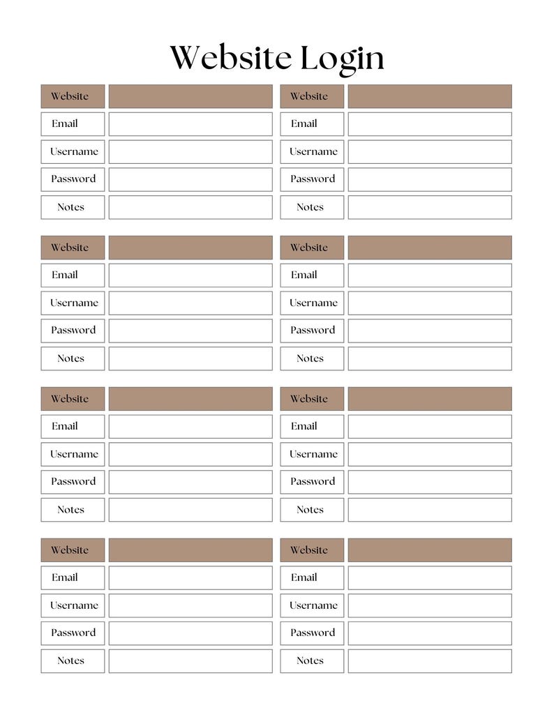 May include: A white and brown Website Login organizer with sections for website, email, username, password, and notes. The title "Website Login" is at the top. The organizer is designed to help users keep track of their online login information.