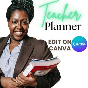 May include: A smiling person wearing a brown blazer holds a red book labeled "Comprehensive Curriculum". The image includes the text "Teacher Planner" in a green neon font, and "EDIT ON CANVA" with a Canva logo.