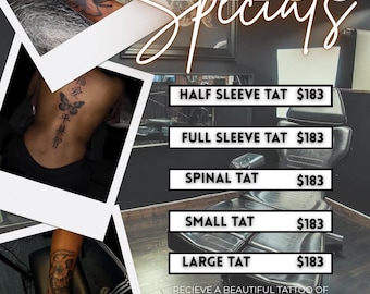 May include: An advertisement for tattoo specials. The image shows photos of tattoos on arms and backs, and a price list for different tattoo sizes: half sleeve, full sleeve, spinal, small, and large.