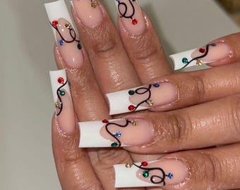 Christmas Lights French Tip Press On Nails | Holiday Nail Set