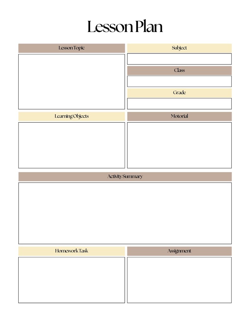May include: A lesson plan template with the title "Lesson Plan" at the top. The template includes sections for lesson topic, subject, class, grade, learning objects, material, activity summary, homework task, and assignment. The design uses beige and brown colors.