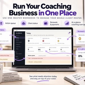 Könnte beinhalten: Ein Laptop-Bildschirm zeigt das ScrollWorks Coaching-Dashboard mit dem Text Run Your Coaching Business in One Place. Die Benutzeroberfläche zeigt Metriken für Kundenstatus, Aktionswarteschlangen, Verlängerungen und Zahlungen mit violetten Pfeilen auf Datenfelder.