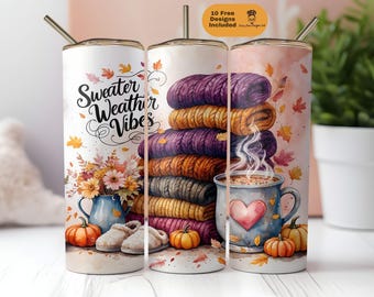 Fall Sweater Weather Tumbler Wrap PNG, 20 Oz Tumbler Sublimation Design with Fall Leaves, Pumpkin, Cozy Coffee, Fall Vibes Digital Download