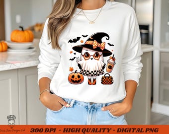 Retro Halloween Ghost PNG: Witch Coffee Pumpkin Sublimation Design (Digital Download)