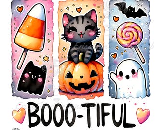 Booo-tiful PNG, Cute Halloween Cat Ghost Candy Design, Kawaii Sublimation for Shirts, Pastel Halloween Clipart, Instant Digital Download