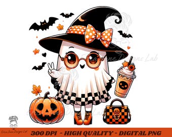 Retro Halloween Ghost PNG: Witch Coffee Pumpkin Sublimation Design (Digital Download)