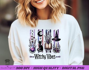 Gato Brujo de Halloween PNG: Diseño de Camiseta Witchcore (Descarga Digital)