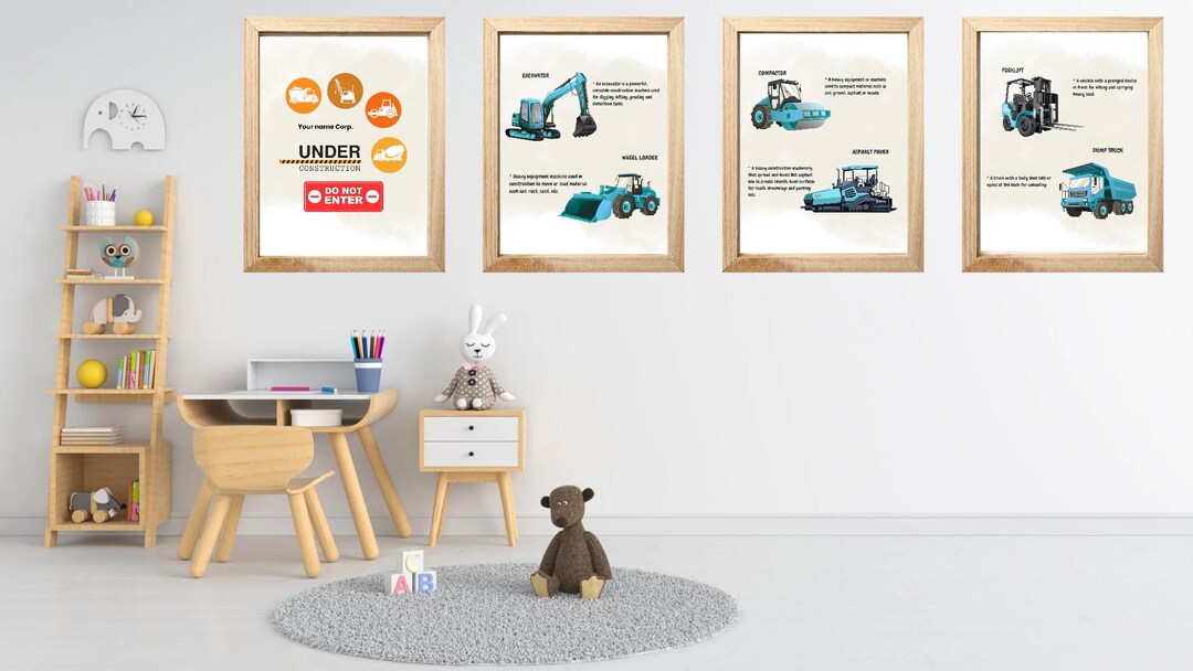 Personalized Construction Vehicles Poster for Toddler Room, Custom Name ...