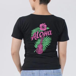 Hula Dance T-shirt – “Uluwehi Hawaii” | Navy Fitted Ladies Top, 6.2oz Ribbed Cotton-Poly Blend | hibiscus&ukulele Design