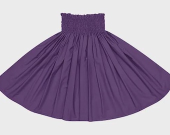 May include: A purple skirt with a smocked, elasticized waistband. The skirt flares out from the waist, creating a full, flowing silhouette. The fabric is a solid, deep purple color.