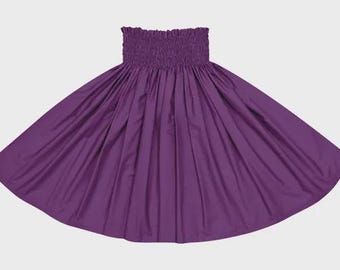 May include: A vibrant purple skirt with a gathered, elasticized waistband. The skirt flares out from the waist, creating a full, flowing silhouette. The fabric has a smooth texture and drapes elegantly. This skirt is suitable for dance or casual wear.