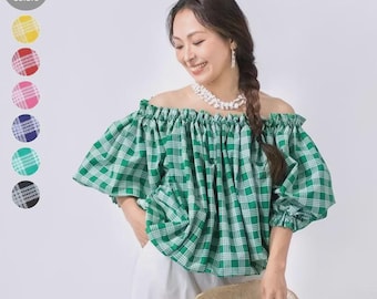 Blusa hawaiana con estampado Palaka bidireccional: talla única, holgada, ideal para vacaciones tropicales, estilo bohemio chic de verano, hecha a mano en Japón (S-XL)