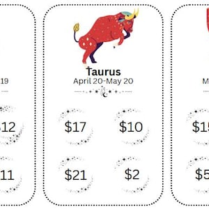 May include: Three cards featuring zodiac signs: Aries, Taurus, and Gemini. Aries is represented by a teal ram, Taurus by a red bull, and Gemini by two figures. Each card includes the sign's name, dates, and several price options.