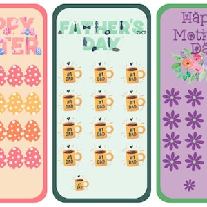 May include: Three colorful rectangular designs for Easter, Father's Day, and Mother's Day. The Easter design has the text "HAPPY EASTER" and decorated eggs. The Father's Day design has the text "FATHER'S DAY" and coffee mugs. The Mother's Day design has the text "Happy Mother's Day" and flowers.
