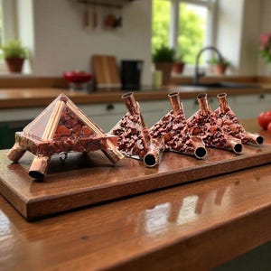 Könnte beinhalten: Eine Sammlung kupferfarbener Dekorationsgegenstände auf einem Holztablett. Die Objekte umfassen ein pyramidenförmiges Stück und mehrere dreieckige Stücke mit zylindrischen Öffnungen. Präsentiert auf einer Holzoberfläche in einer Küche.