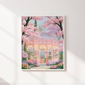 May include: A framed print of a pink greenhouse surrounded by blooming cherry blossom trees. The greenhouse has glass windows and doors, with a table and chairs visible inside. Colorful flowers and a white bench are in the foreground, creating a serene garden scene.