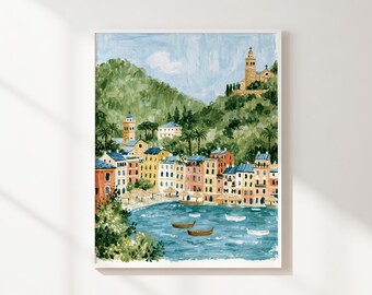 Mediterranean Coastal Village Printable Wall Art, Colorful Seaside Harbor Landscape, Italian Riviera Style Digital Download Decor