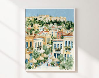 Athens Acropolis Printable Wall Art, Colorful Greek Cityscape, Mediterranean Travel Decor, Sunny European Landscape Digital Download