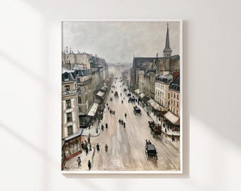 Snowy European City Street Printable Wall Art, Vintage Winter Boulevard Scene, Neutral Urban Landscape Digital Download Decor