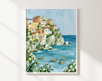 Italian Coastal Village Printable Wall Art, Blue Sea Landscape with Boats and Flowers, Mediterranean Decor, Instant Download Art