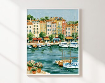 Mediterranean Harbor Printable Wall Art, Colorful Coastal Village with Sailboats, Instant Download for Living Room and Dining Room