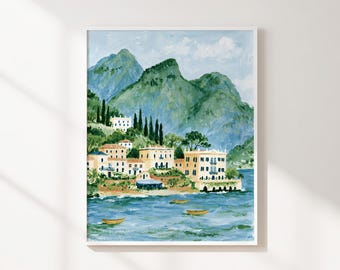 Mediterranean Coastal Village Printable Wall Art, Blue Green Mountain Landscape, Seaside Boats, Summer Travel Decor, Digital Download