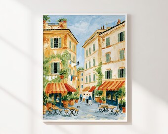 Sunny Old Town Cafe Printable Wall Art, Colorful European Street Scene, Mediterranean City Poster, Instant Digital Download Decor