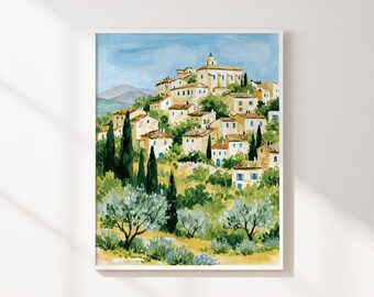 Sunny Mediterranean Village Printable Wall Art, Hillside Landscape with Cypress Trees, Colorful Country Scene Digital Download