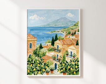 Mediterranean Coastal Village Printable Wall Art, Lemon Tree Seaside Landscape Print, Colorful Summer Decor, Instant Digital Download