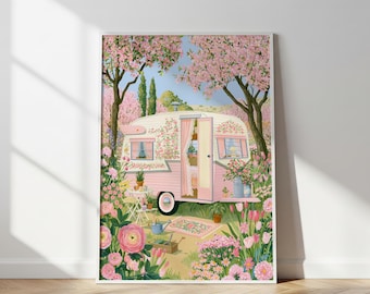 Camper caravan poster, pink, cherry blossom style
