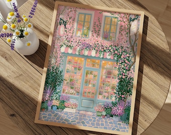 Pink Flower Shop Wall Art, Cottagecore Floral Print, Botanical Home Decor Poster
